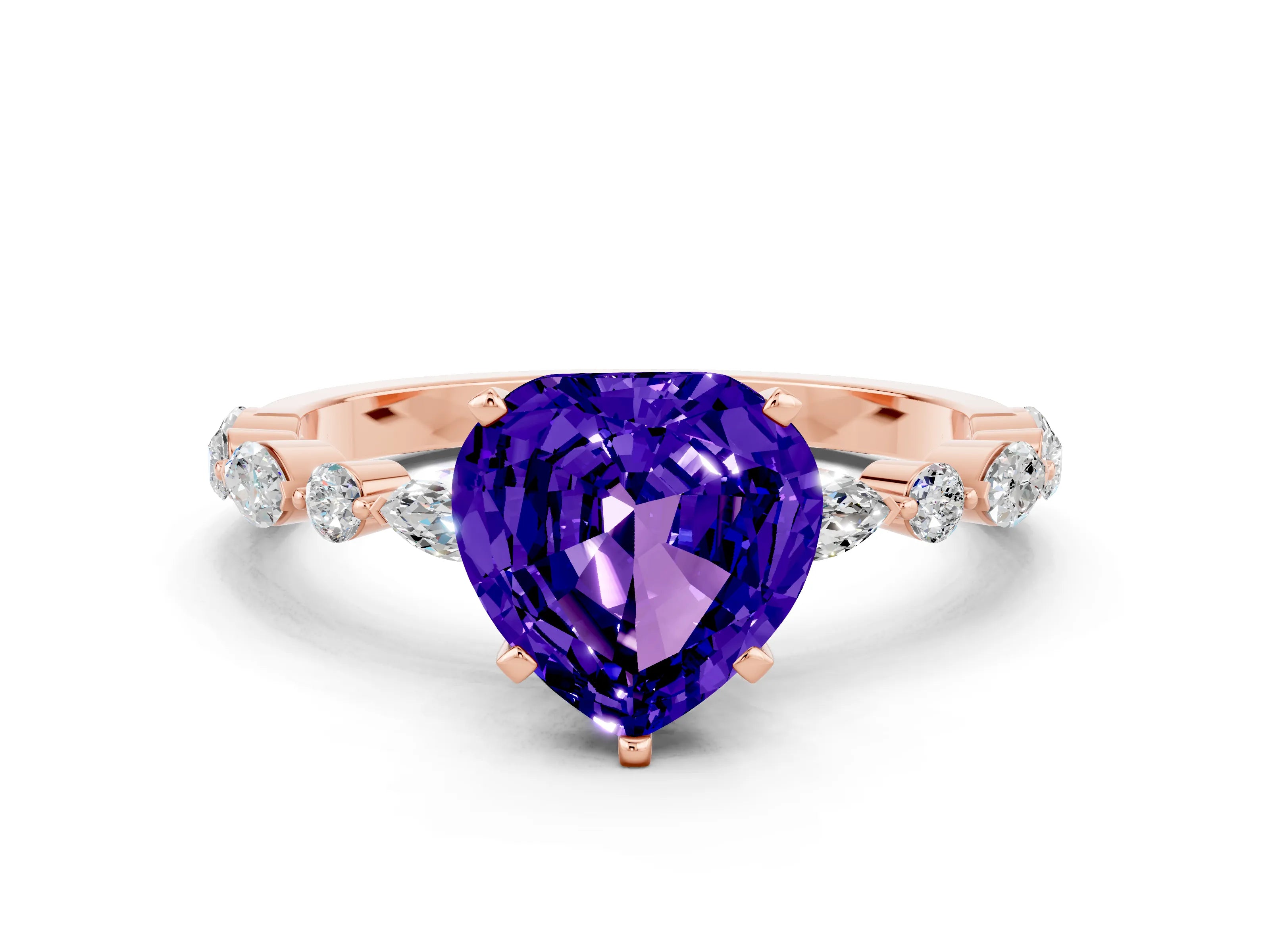 Rose gold Fancy White Heart Cut Tanzanite Solitaire with Side Stones on a Pavé Band and Four-Prong Setting