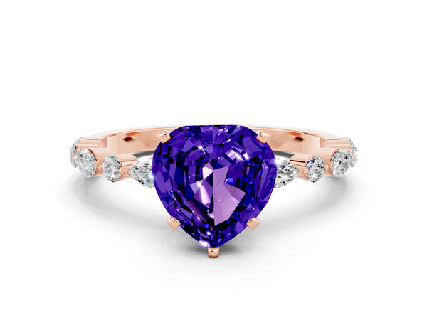Rose gold Heart Cut Tanzanite Ring with Marquise and Round  Side Stones and Four-Prong Setting