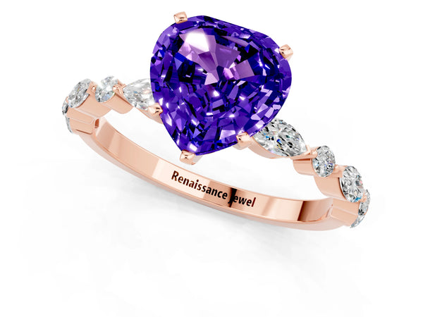 Rose gold Heart Cut Tanzanite Ring with Marquise and Round  Side Stones and Four-Prong Setting