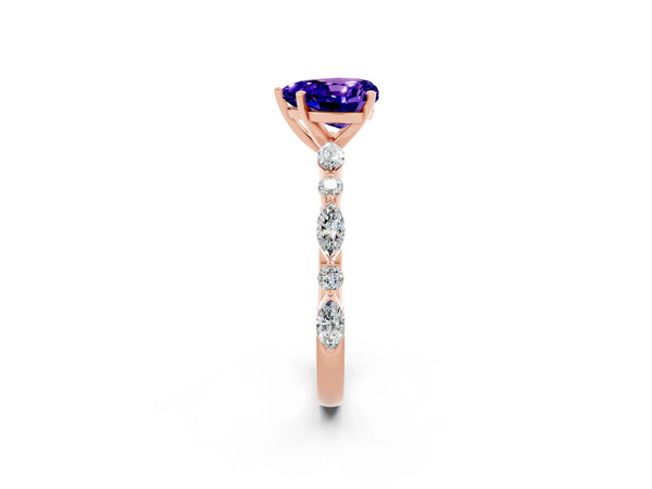 Rose gold Heart Cut Tanzanite Ring with Marquise and Round  Side Stones and Four-Prong Setting