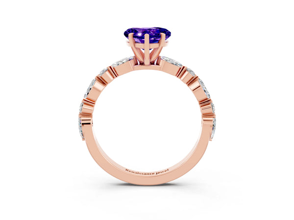 Rose gold Heart Cut Tanzanite Ring with Marquise and Round  Side Stones and Four-Prong Setting