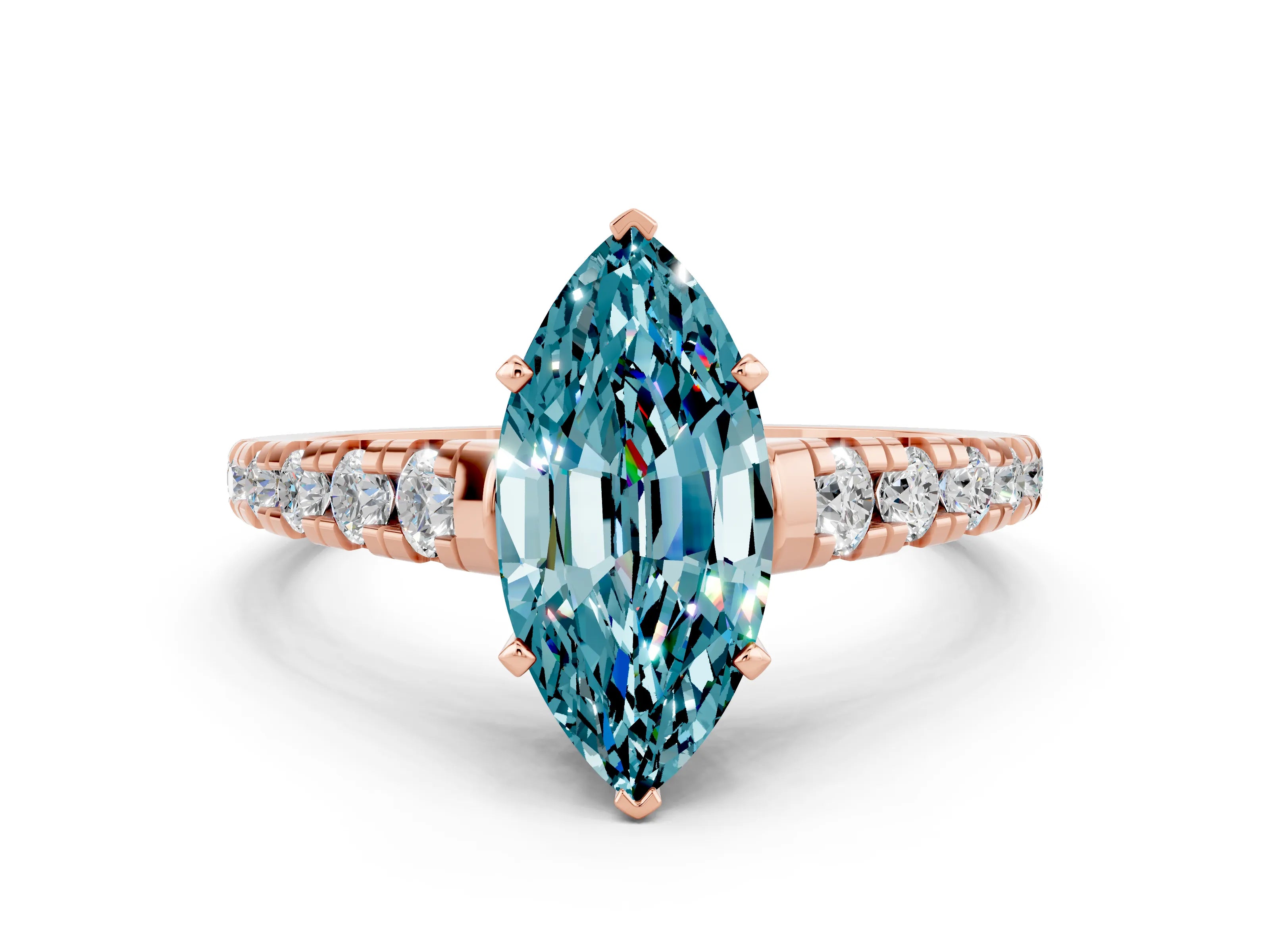 Rose gold Fancy White Marquise Cut Blue Topaz Solitaire Ring with Cathedral Setting and Pavé Band