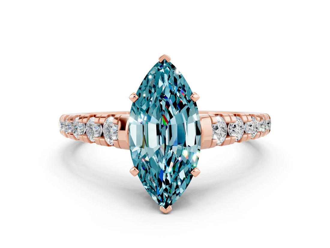 Rose gold Fancy White Marquise Cut Blue Topaz Solitaire Ring with Cathedral Setting and Pavé Band