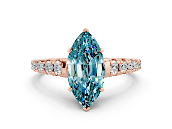 Rose gold Marquise Cut Blue Topaz Cathedral Solitaire Ring with Round  Pavé Band