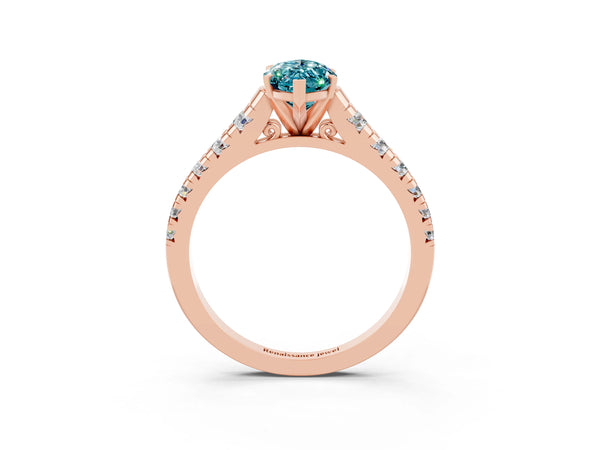 Rose gold Marquise Cut Blue Topaz Cathedral Solitaire Ring with Round  Pavé Band