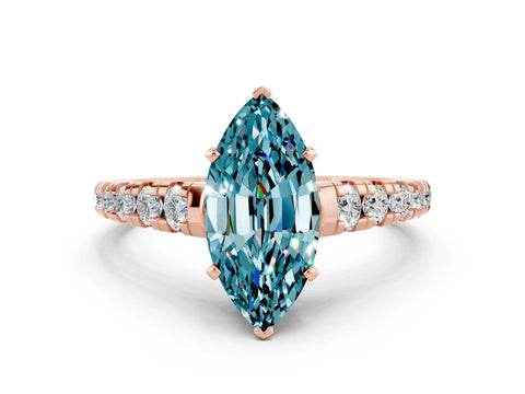 Rose gold Fancy White Marquise Cut Blue Topaz Solitaire Ring with Cathedral Setting and Pavé Band