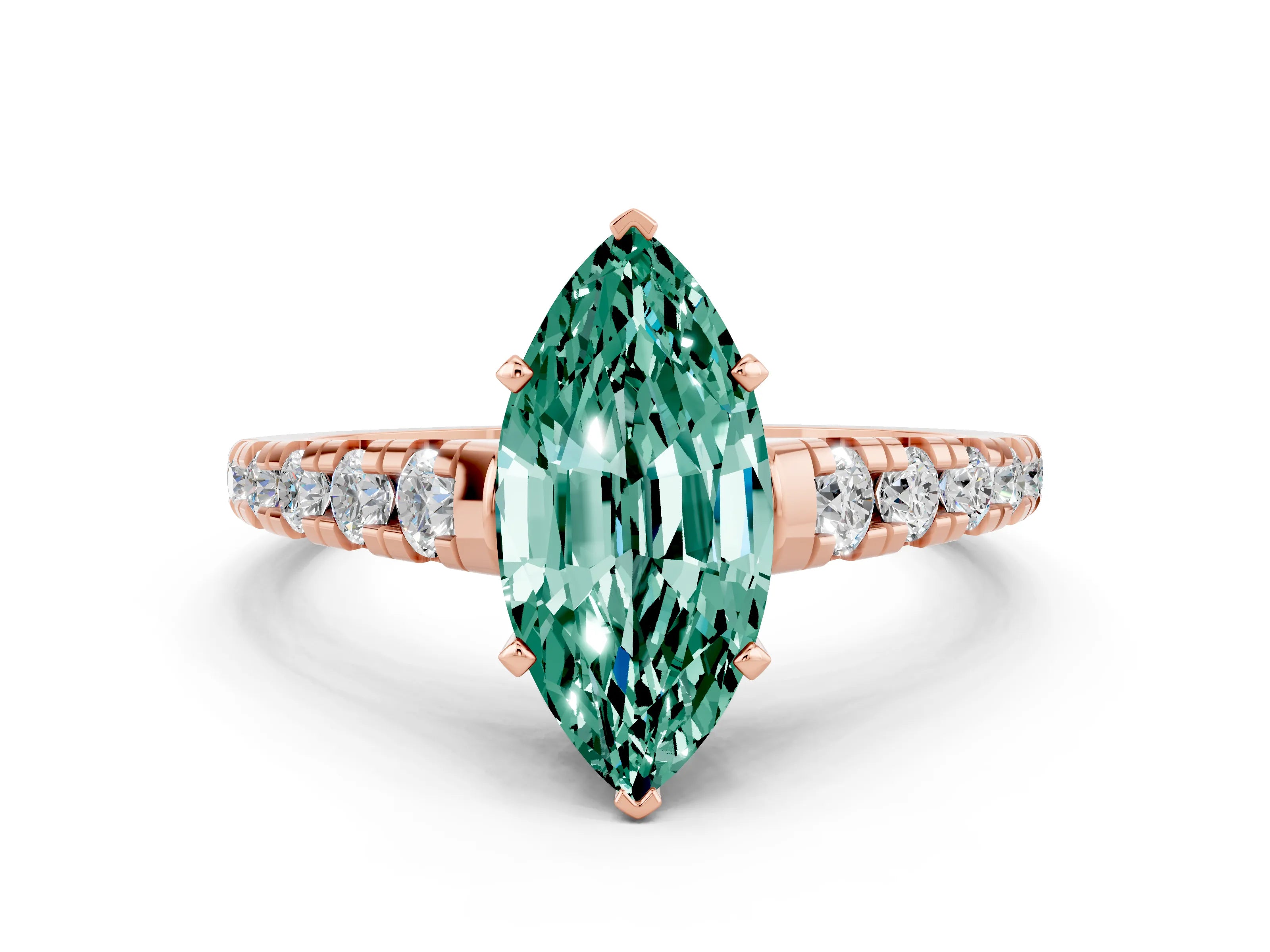 Rose gold Fancy White Marquise Cut Green Sapphire Solitaire Ring with Cathedral Setting and Pavé Band
