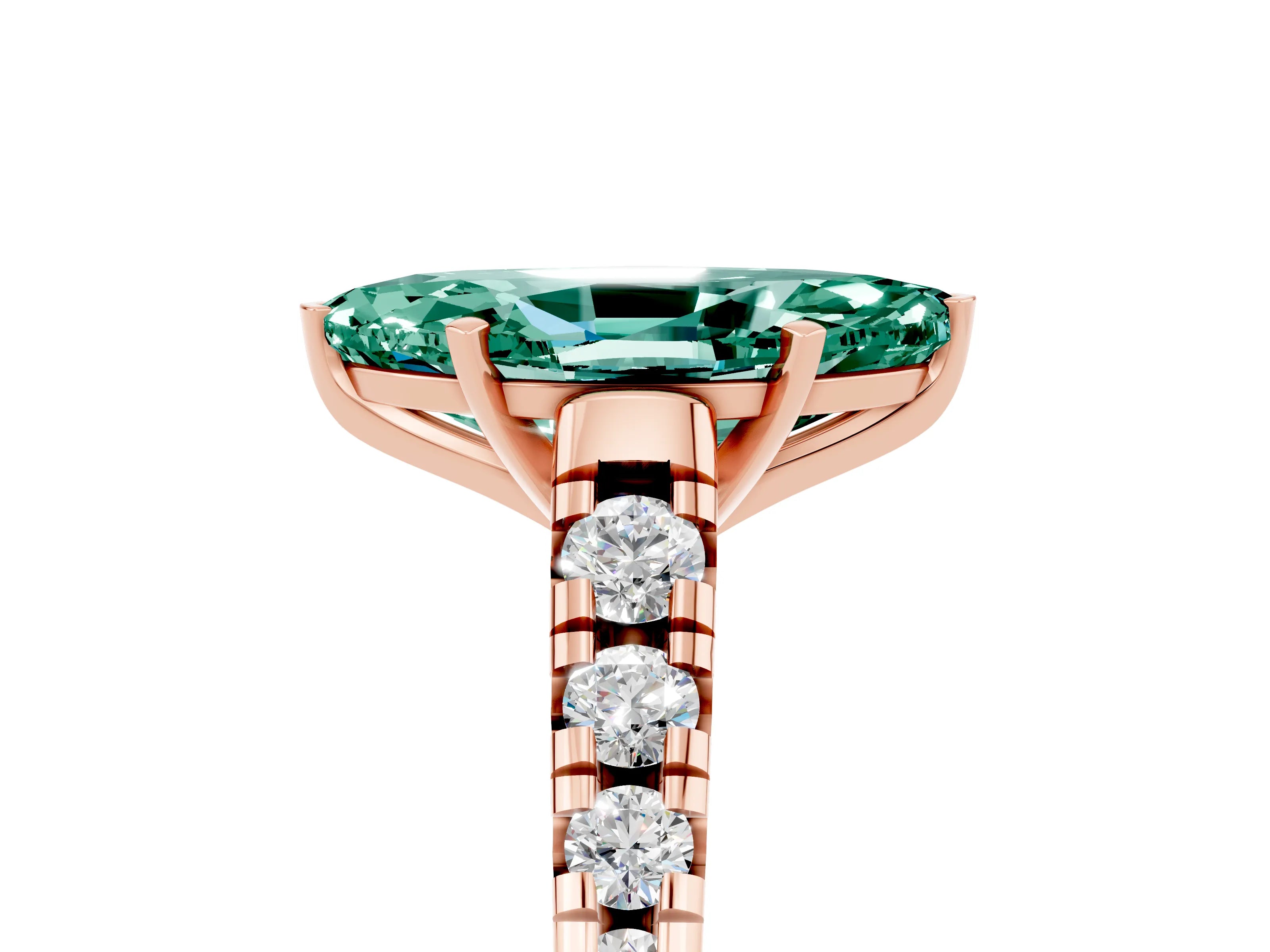 Rose gold Fancy White Marquise Cut Green Sapphire Solitaire Ring with Cathedral Setting and Pavé Band_5