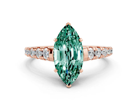 Rose gold Fancy White Marquise Cut Green Sapphire Solitaire Ring with Cathedral Setting and Pavé Band
