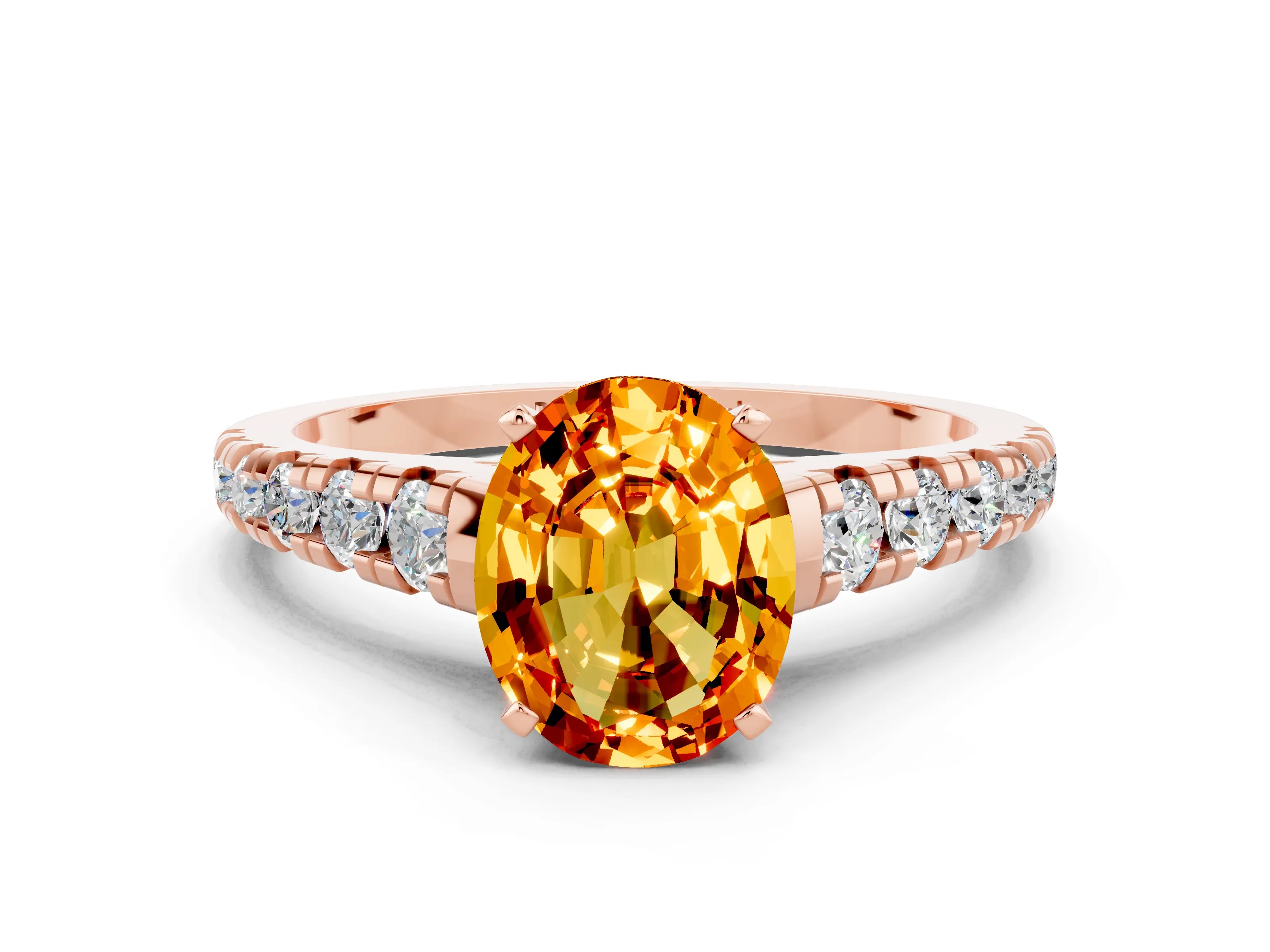 Rose gold Fancy White Oval Cut Citrine Solitaire Ring with Cathedral Setting and Pavé Band