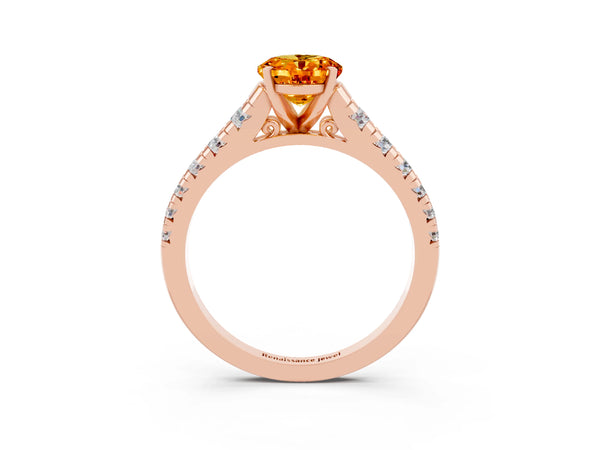 Rose gold Oval Cut Citrine Cathedral Solitaire Ring with Round  Pavé Band