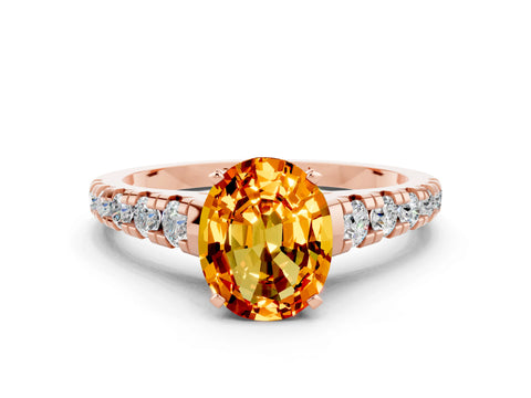 Rose gold Fancy White Oval Cut Citrine Solitaire Ring with Cathedral Setting and Pavé Band