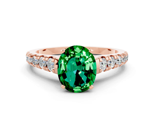 Rose gold Oval Cut Emerald Cathedral Solitaire Ring with Round  Pavé Band