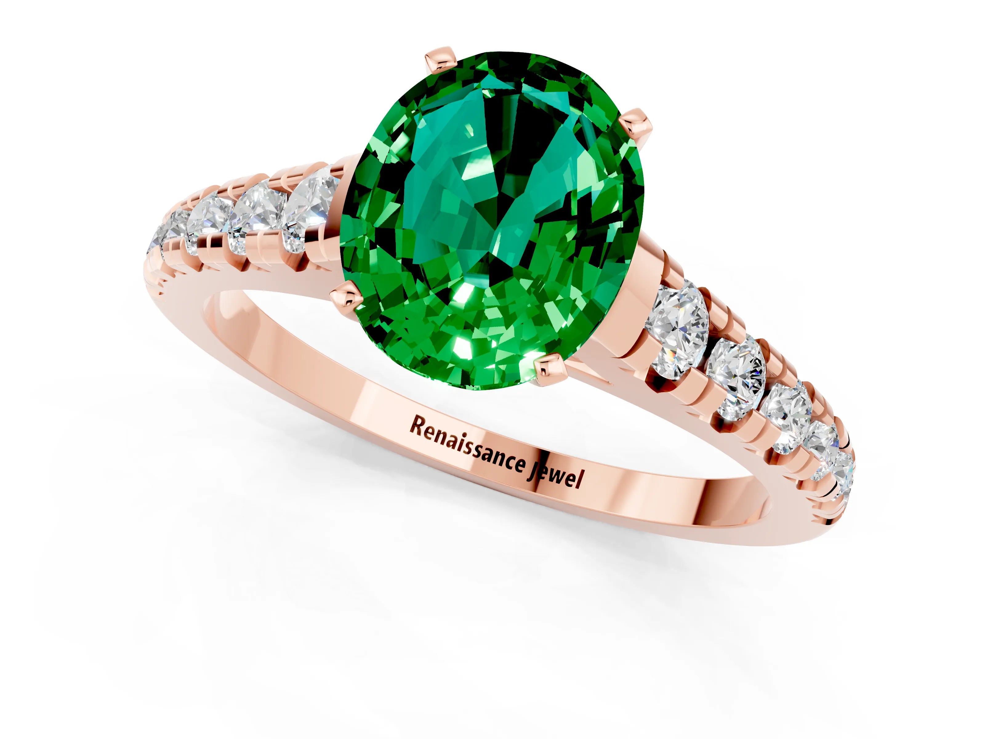 Rose gold Fancy White Oval Cut Emerald Solitaire Ring with Cathedral Setting and Pavé Band_1