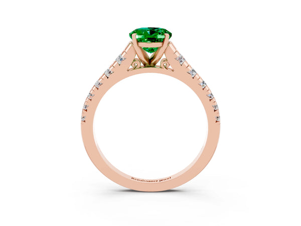 Rose gold Oval Cut Emerald Cathedral Solitaire Ring with Round  Pavé Band