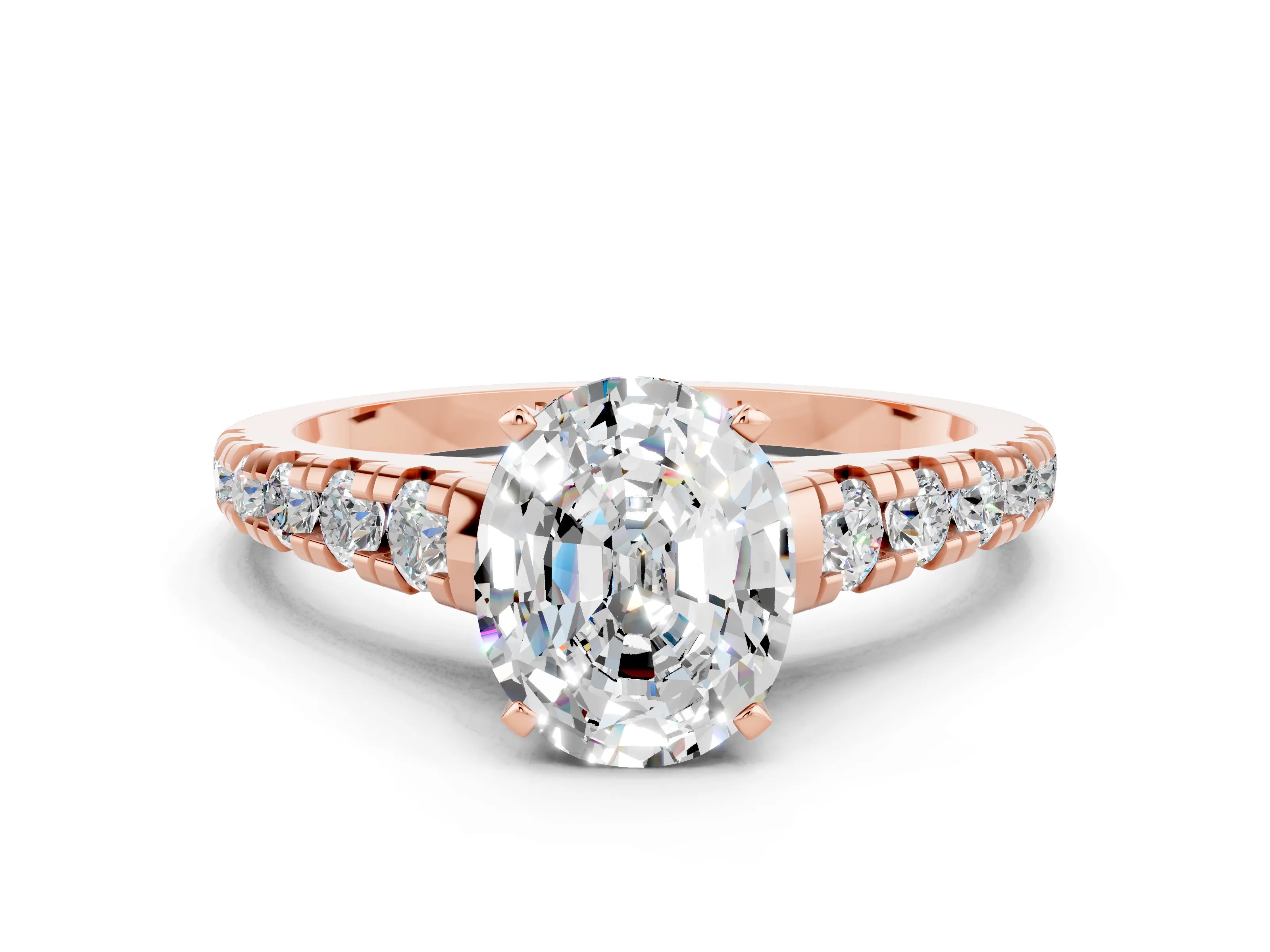 Rose gold Fancy White Oval Cut Moissanite Solitaire Ring with Cathedral Setting and Pavé Band