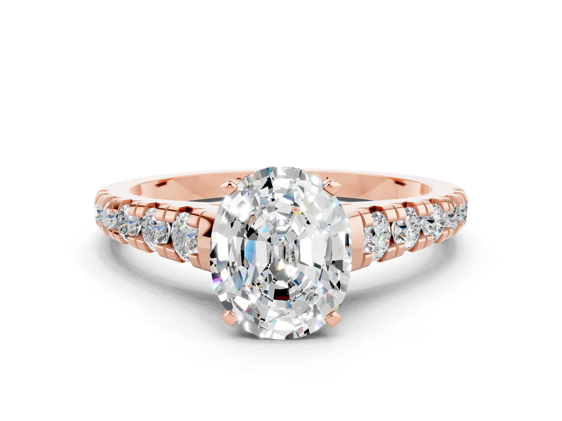 Rose gold Fancy White Oval Cut Moissanite Solitaire Ring with Cathedral Setting and Pavé Band