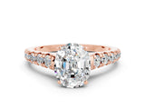 Rose gold Fancy White Oval Cut Moissanite Solitaire Ring with Cathedral Setting and Pavé Band
