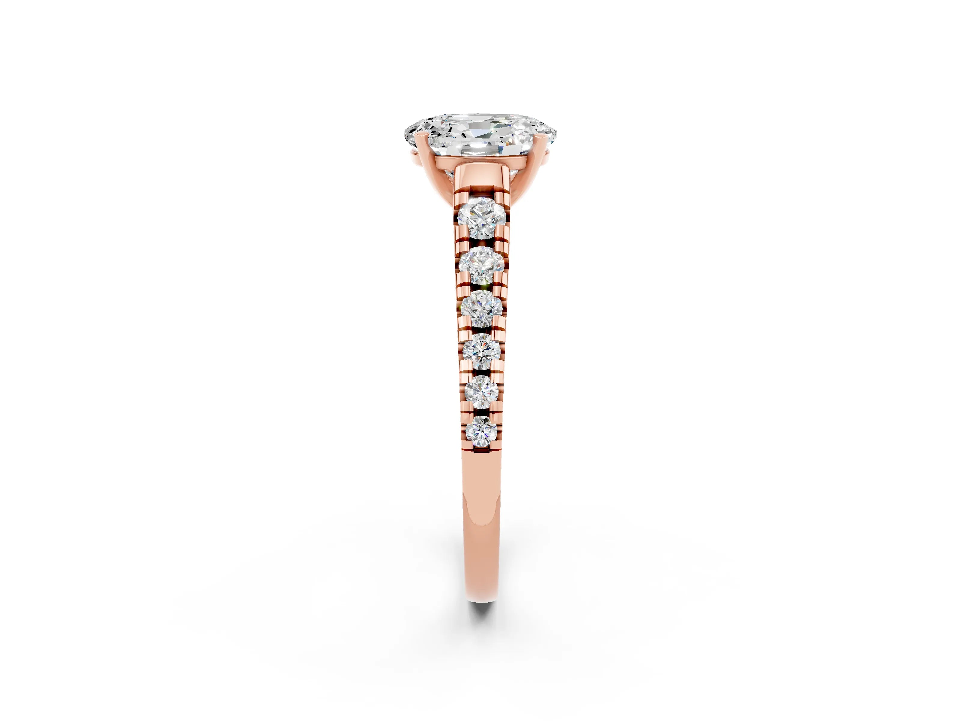 Rose gold Fancy White Oval Cut Moissanite Solitaire Ring with Cathedral Setting and Pavé Band_2