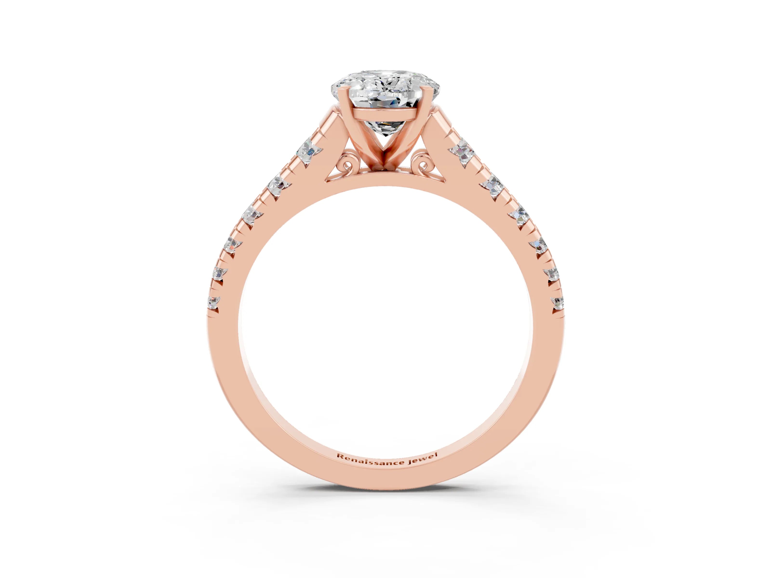Rose gold Fancy White Oval Cut Moissanite Solitaire Ring with Cathedral Setting and Pavé Band_3