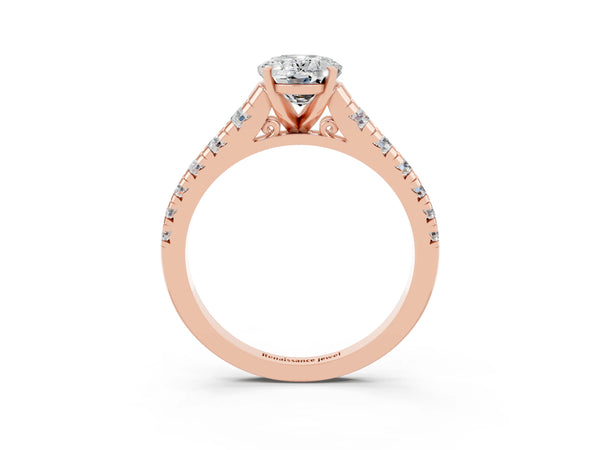 Rose gold Oval Cut Moissanite Cathedral Solitaire Ring with Round  Pavé Band