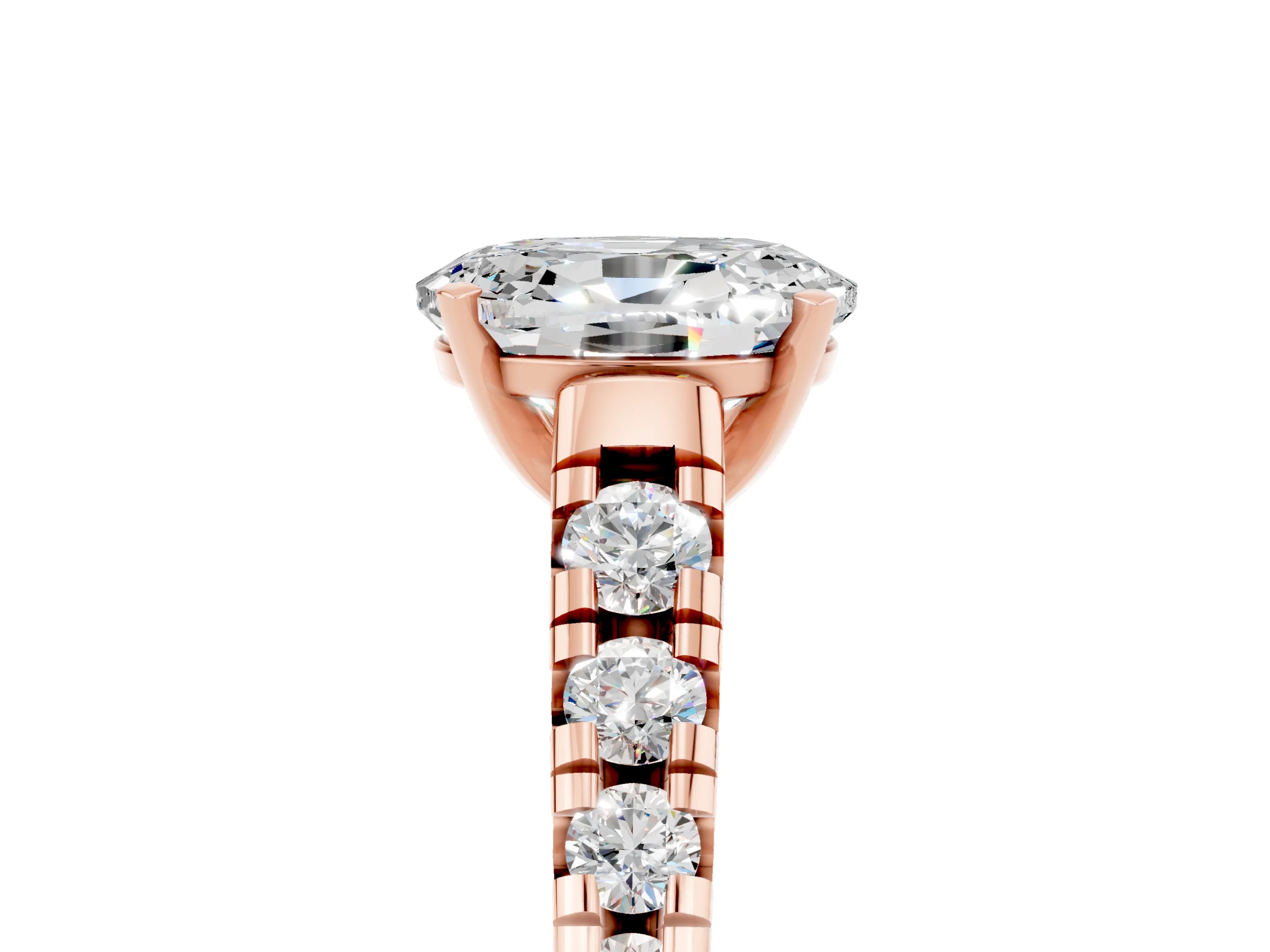 Rose gold Fancy White Oval Cut Moissanite Solitaire Ring with Cathedral Setting and Pavé Band_5