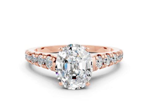 Rose gold Fancy White Oval Cut Moissanite Solitaire Ring with Cathedral Setting and Pavé Band