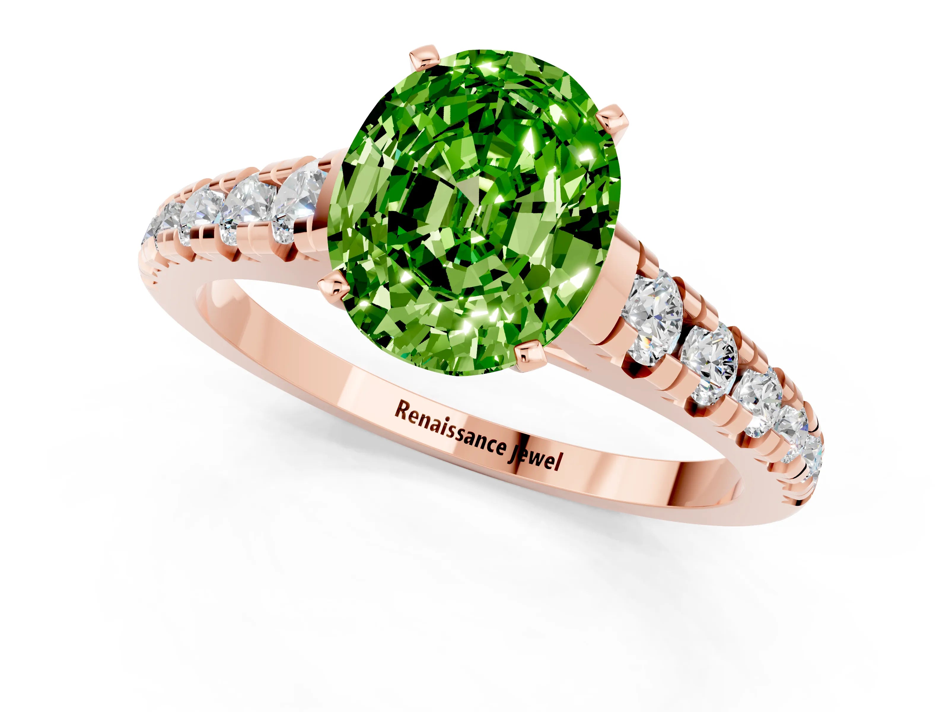 Rose gold Fancy White Oval Cut Peridot Solitaire Ring with Cathedral Setting and Pavé Band_1