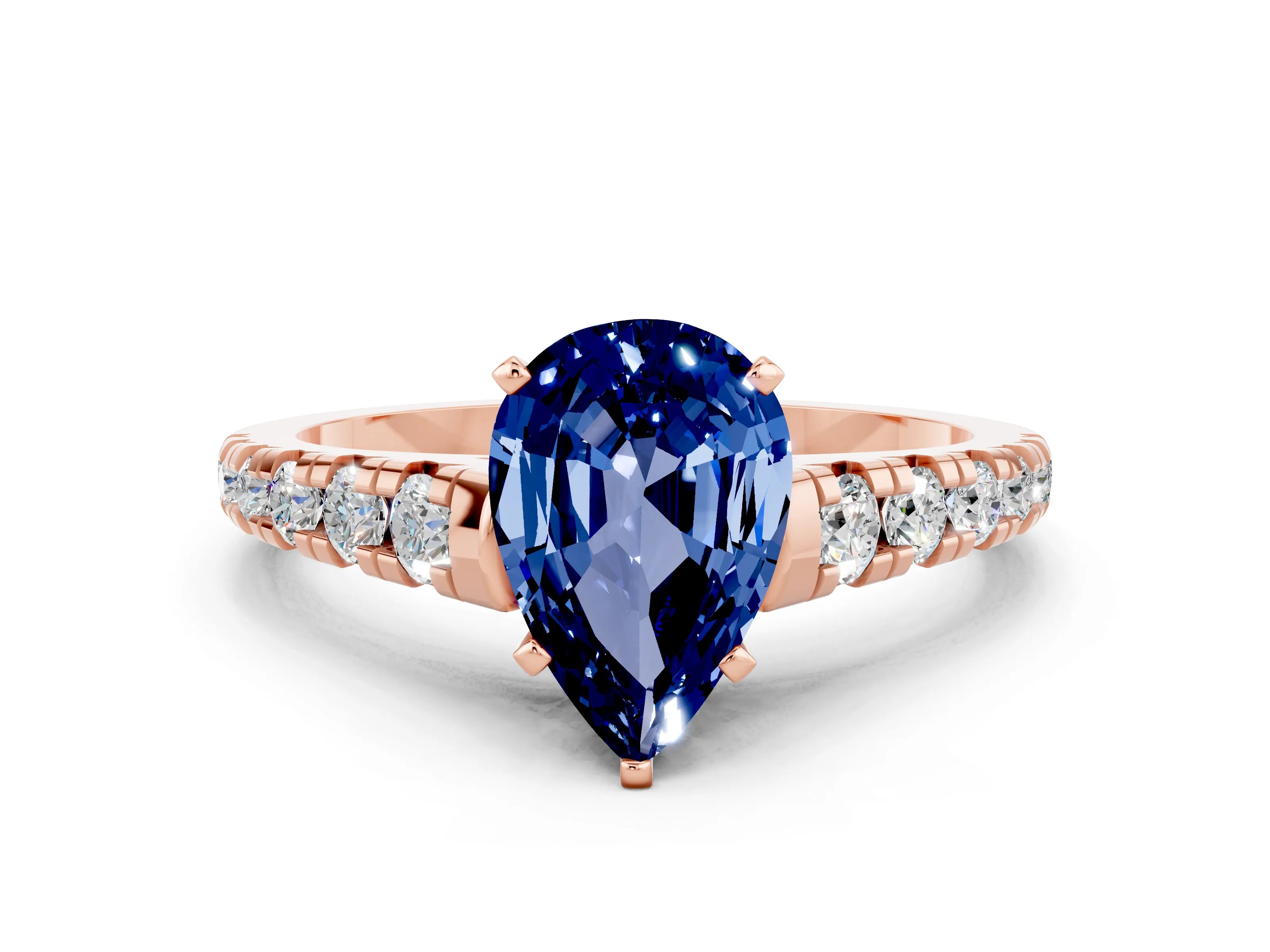 Rose gold Fancy White Pear Cut Blue Sapphire Solitaire Ring with Cathedral Setting and Pavé Band