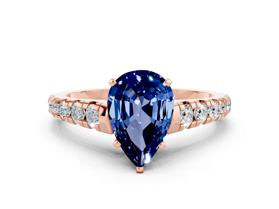 Rose gold Fancy White Pear Cut Blue Sapphire Solitaire Ring with Cathedral Setting and Pavé Band