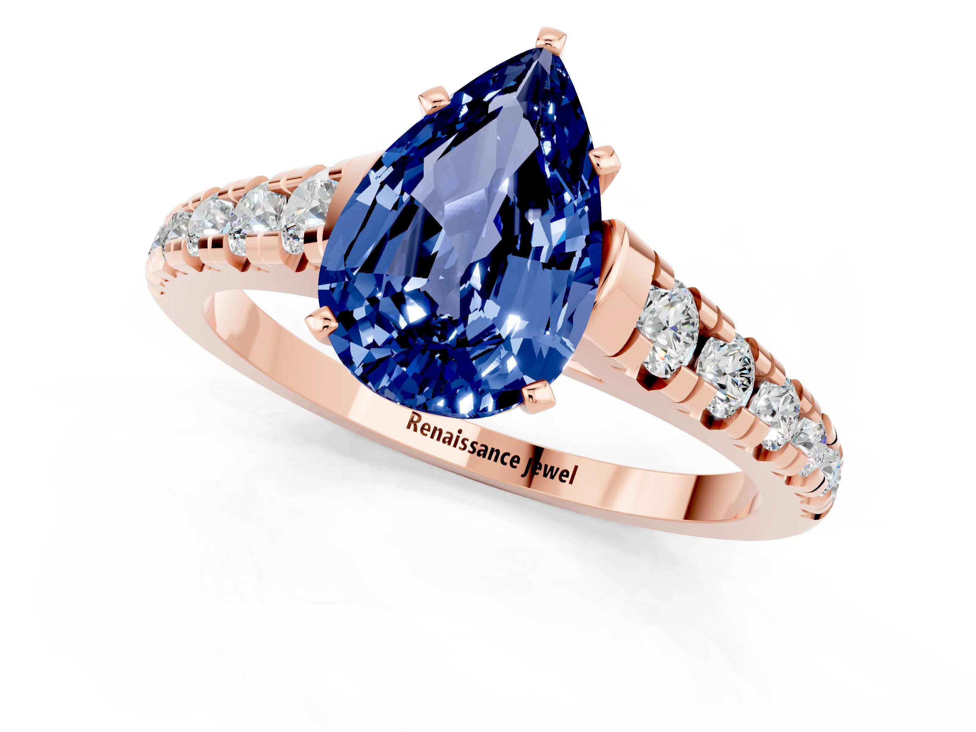 Rose gold Fancy White Pear Cut Blue Sapphire Solitaire Ring with Cathedral Setting and Pavé Band_1