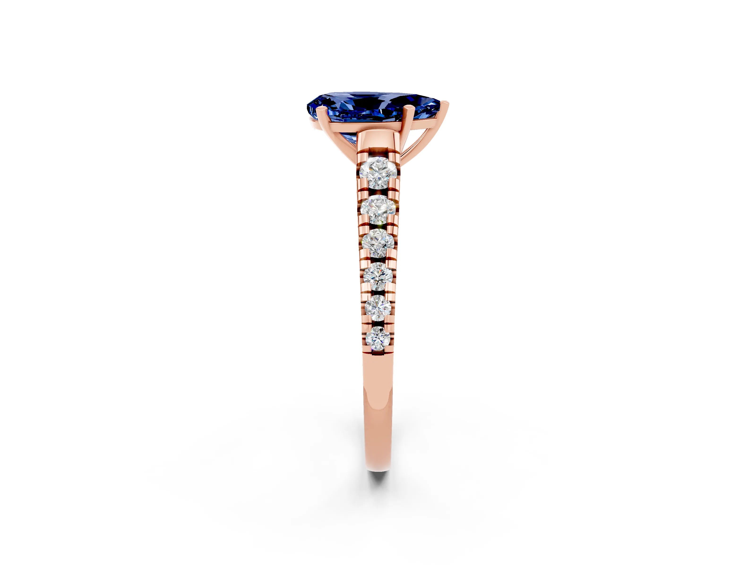 Rose gold Fancy White Pear Cut Blue Sapphire Solitaire Ring with Cathedral Setting and Pavé Band_2