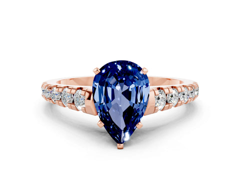 Rose gold Fancy White Pear Cut Blue Sapphire Solitaire Ring with Cathedral Setting and Pavé Band