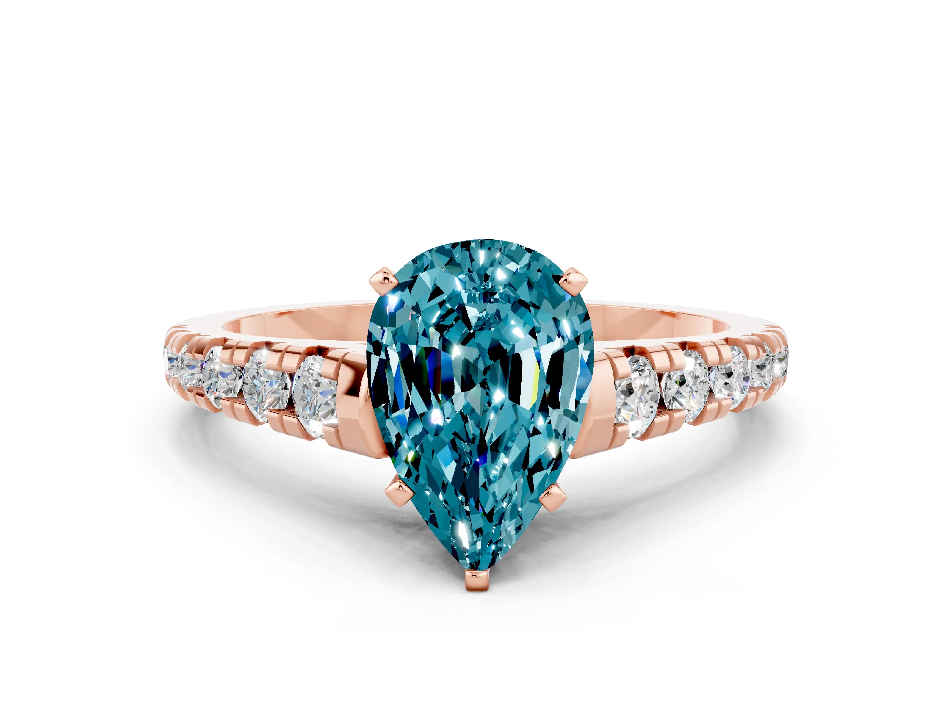 Rose gold Fancy White Pear Cut Blue Topaz Solitaire Ring with Cathedral Setting and Pavé Band