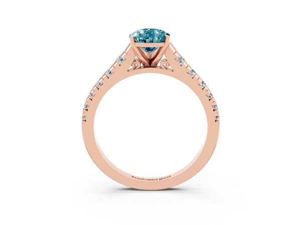 Rose gold Pear Cut Blue Topaz Cathedral Solitaire Ring with Round  Pavé Band
