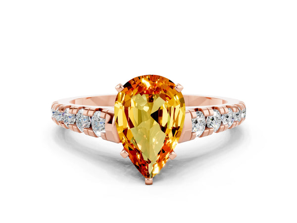 Rose gold Pear Cut Citrine Cathedral Solitaire Ring with Round  Pavé Band