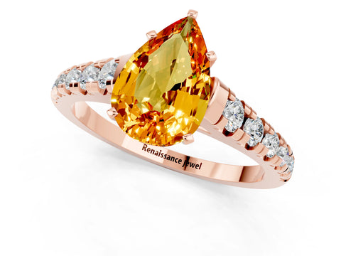 Rose gold Fancy White Pear Cut Citrine Solitaire Ring with Cathedral Setting and Pavé Band_1