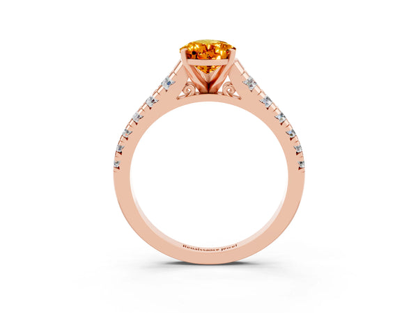 Rose gold Pear Cut Citrine Cathedral Solitaire Ring with Round  Pavé Band