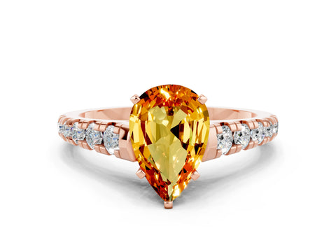 Rose gold Fancy White Pear Cut Citrine Solitaire Ring with Cathedral Setting and Pavé Band
