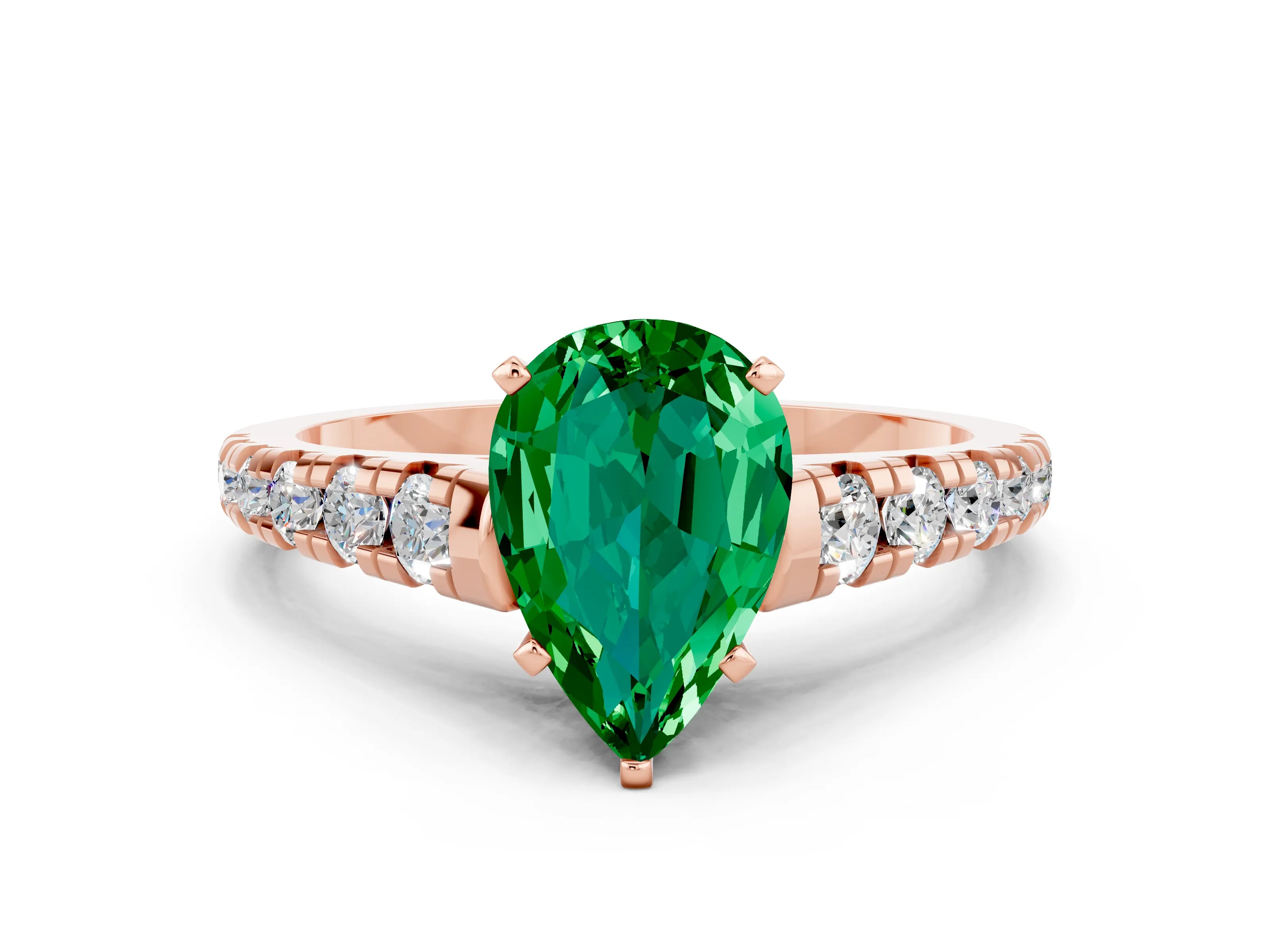 Rose gold Fancy White Pear Cut Emerald Solitaire Ring with Cathedral Setting and Pavé Band