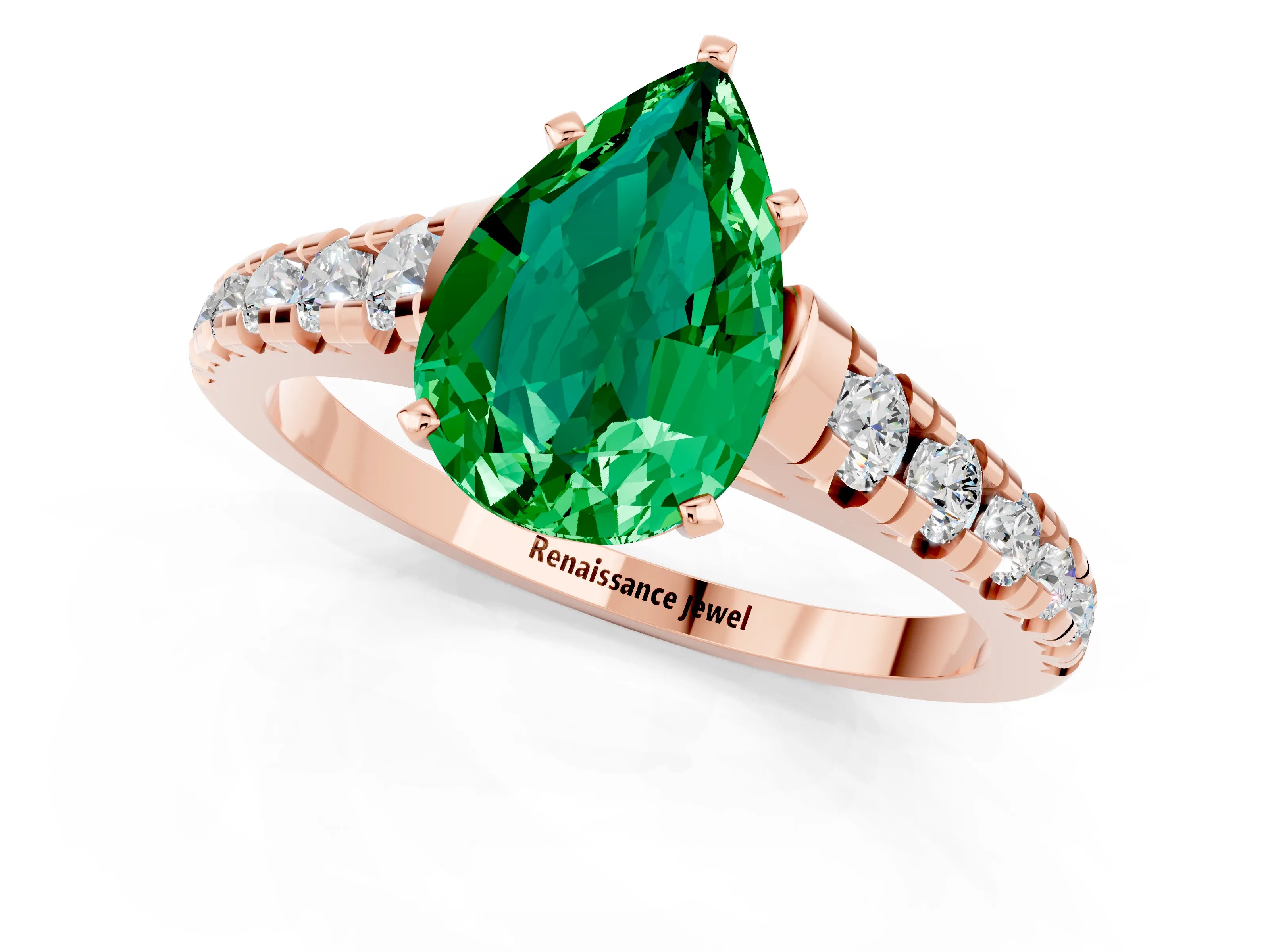 Rose gold Fancy White Pear Cut Emerald Solitaire Ring with Cathedral Setting and Pavé Band_1