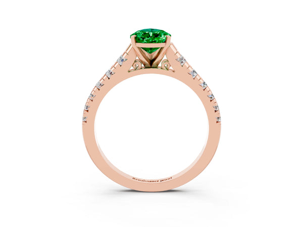 Rose gold Pear Cut Emerald Cathedral Solitaire Ring with Round  Pavé Band