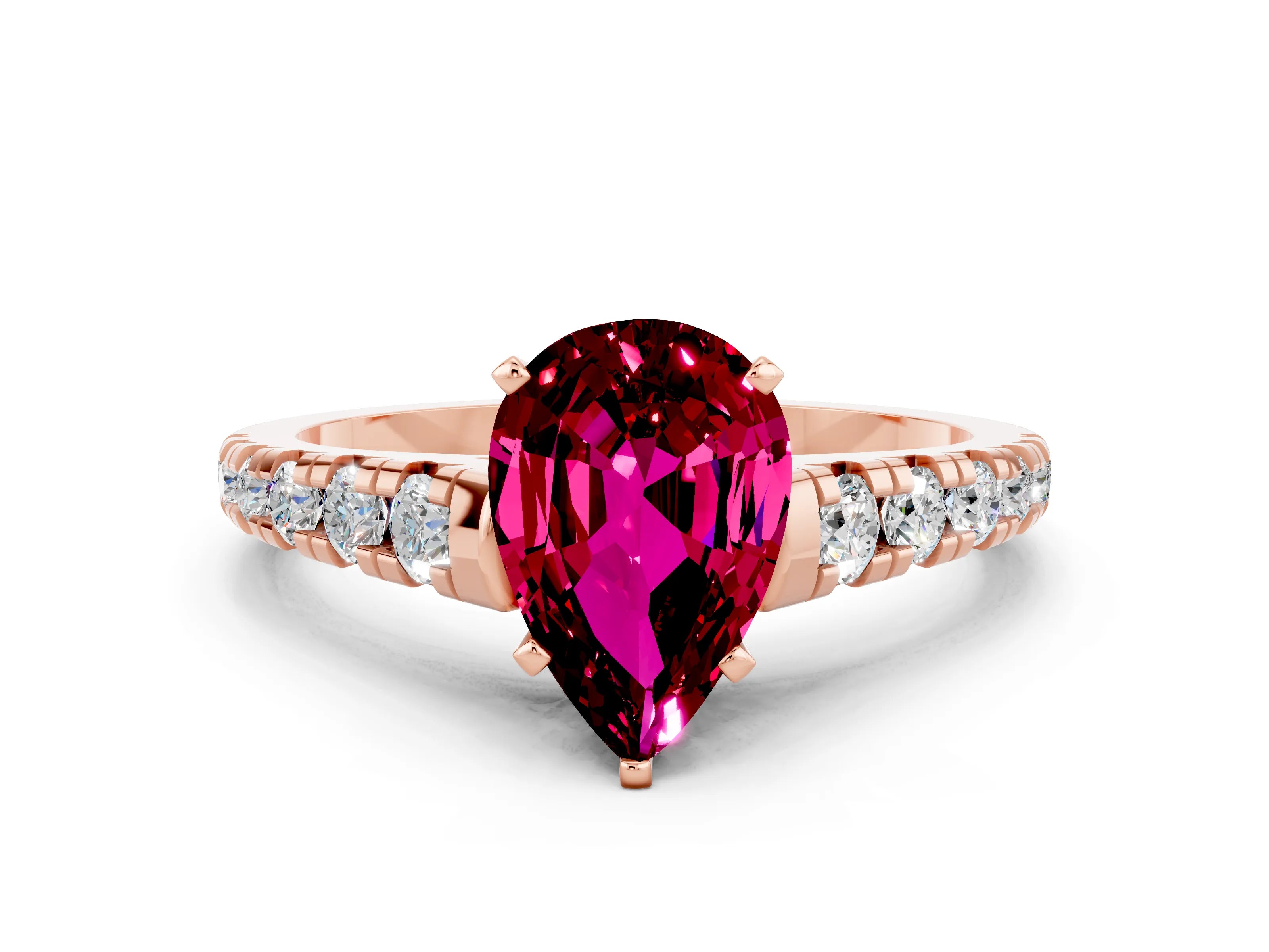 Rose gold Fancy White Pear Cut Garnet Solitaire Ring with Cathedral Setting and Pavé Band