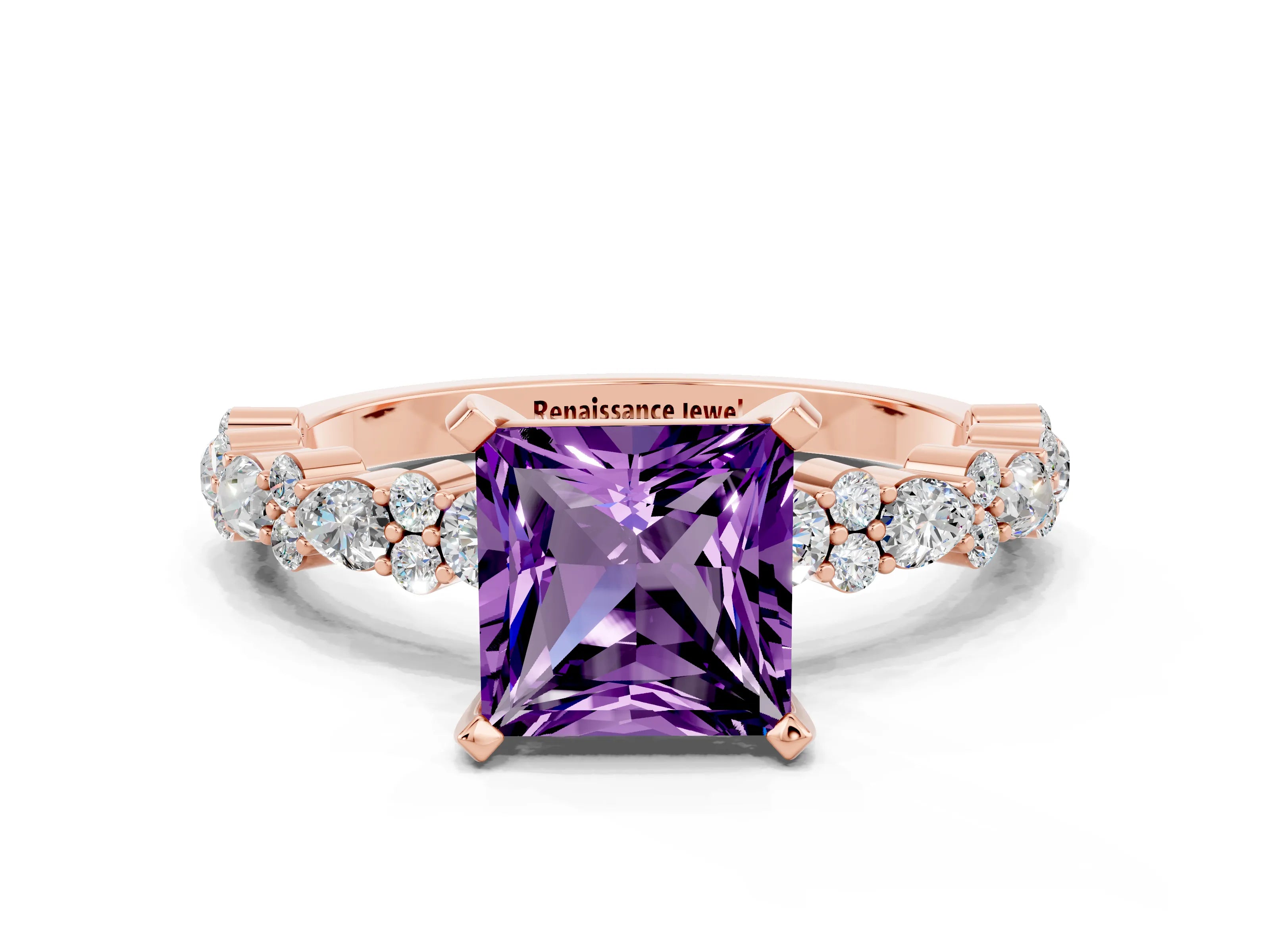 Rose gold Fancy White Princess Cut Amethyst Solitaire with Side Stones, Pave Band, Four-Prong Setting_12