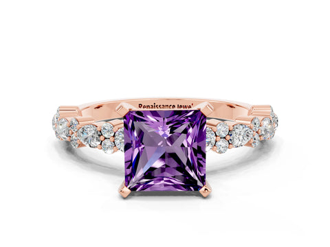 Rose gold Fancy White Princess Cut Amethyst Solitaire with Side Stones, Pave Band, Four-Prong Setting_12