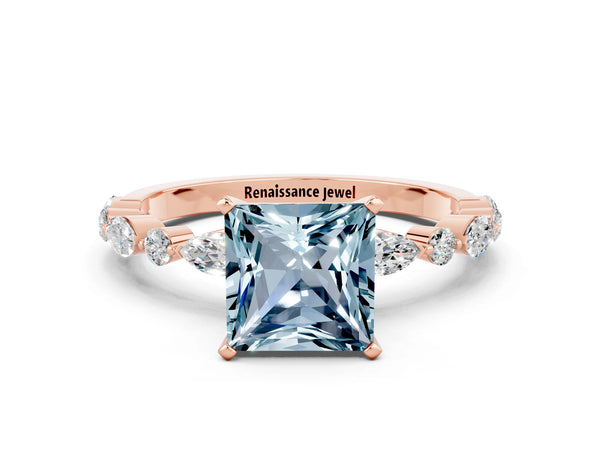 Rose gold Princess Cut Aquamarine Ring with Marquise and Round  Side Stones and Four-Prong Setting