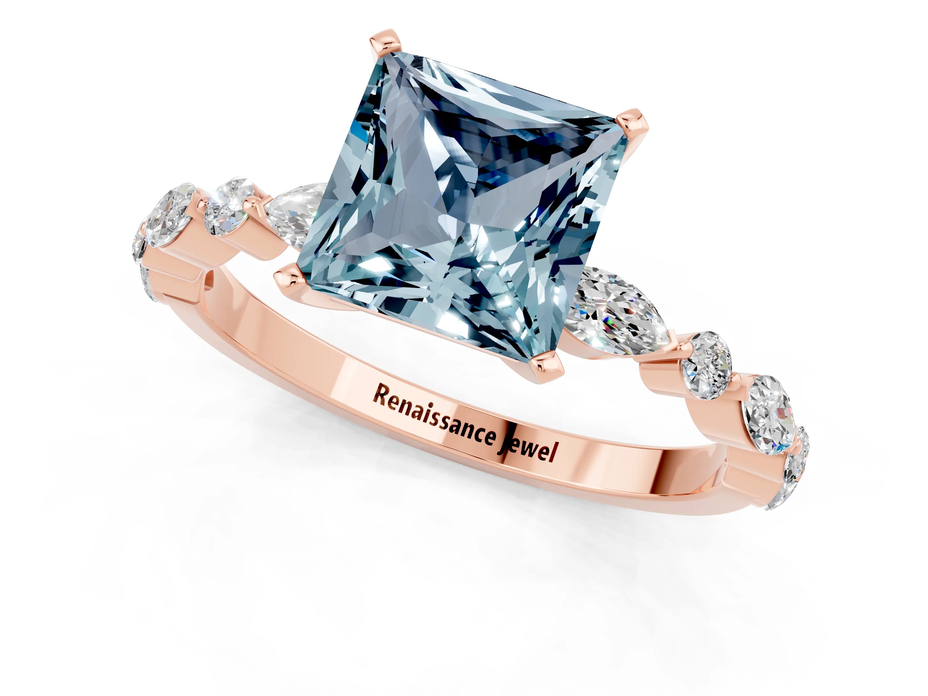 Rose gold Fancy White Princess Cut Aquamarine Solitaire with Side Stones on a Pavé Band and Four-Prong Setting_1
