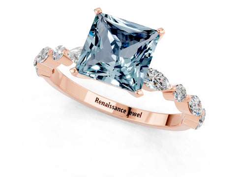 Rose gold Fancy White Princess Cut Aquamarine Solitaire with Side Stones on a Pavé Band and Four-Prong Setting_1