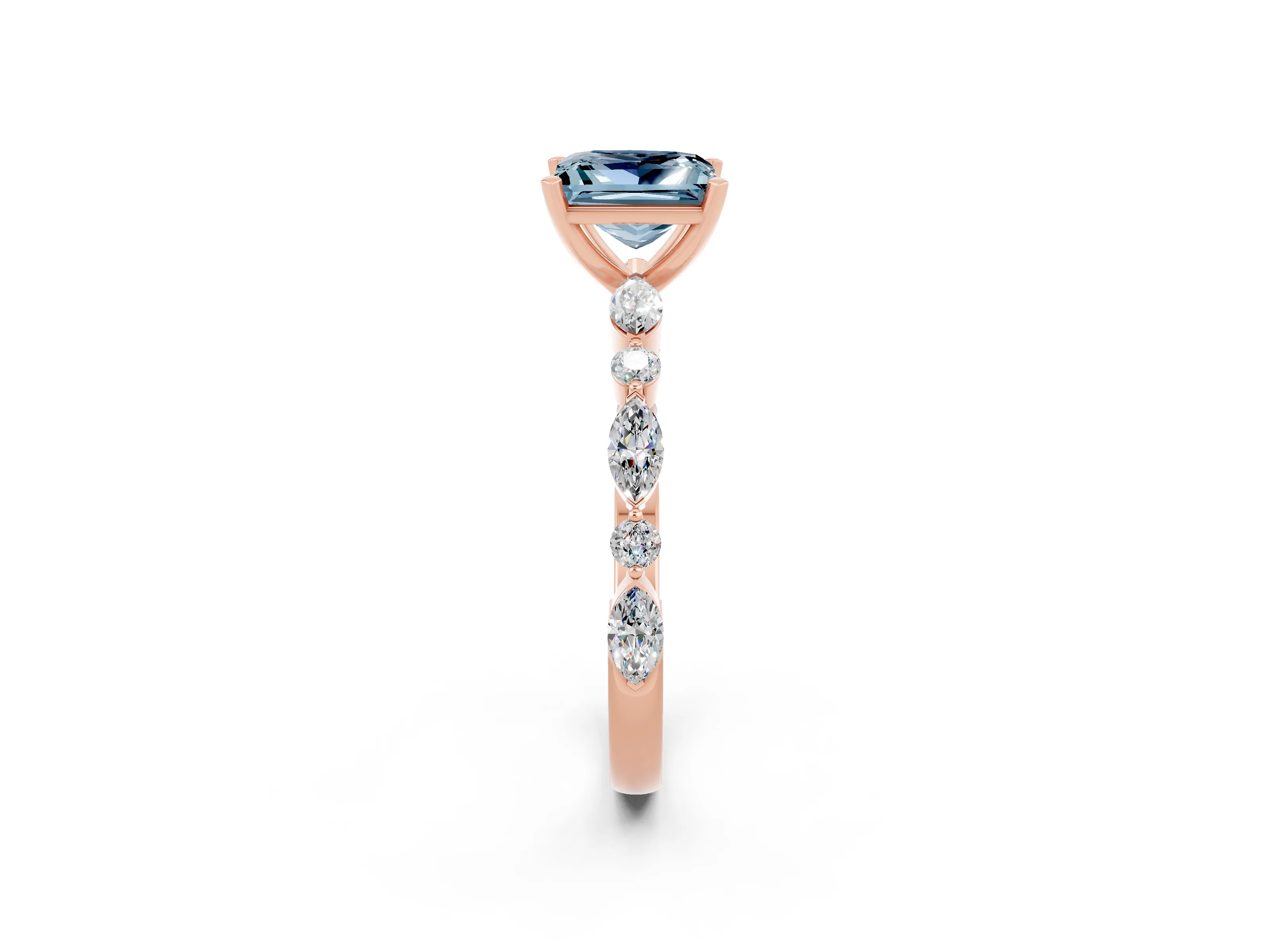 Rose gold Fancy White Princess Cut Aquamarine Solitaire with Side Stones on a Pavé Band and Four-Prong Setting_2