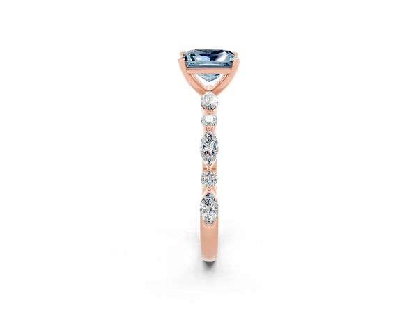 Rose gold Princess Cut Aquamarine Ring with Marquise and Round  Side Stones and Four-Prong Setting